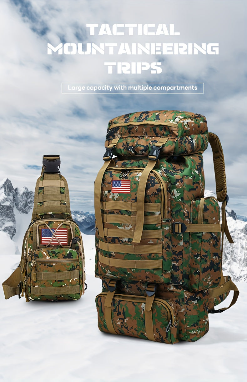 2pcs Set 21.13gal Large Capacity Multifunctional Camouflage Tactical Hiking Backpack with Multiple Compartments And MOLLE System for Outdoor Adventure, Camping, Trekking, And Travel - Durable Oxford Fabric Material, Adjustable Straps for Comfort
