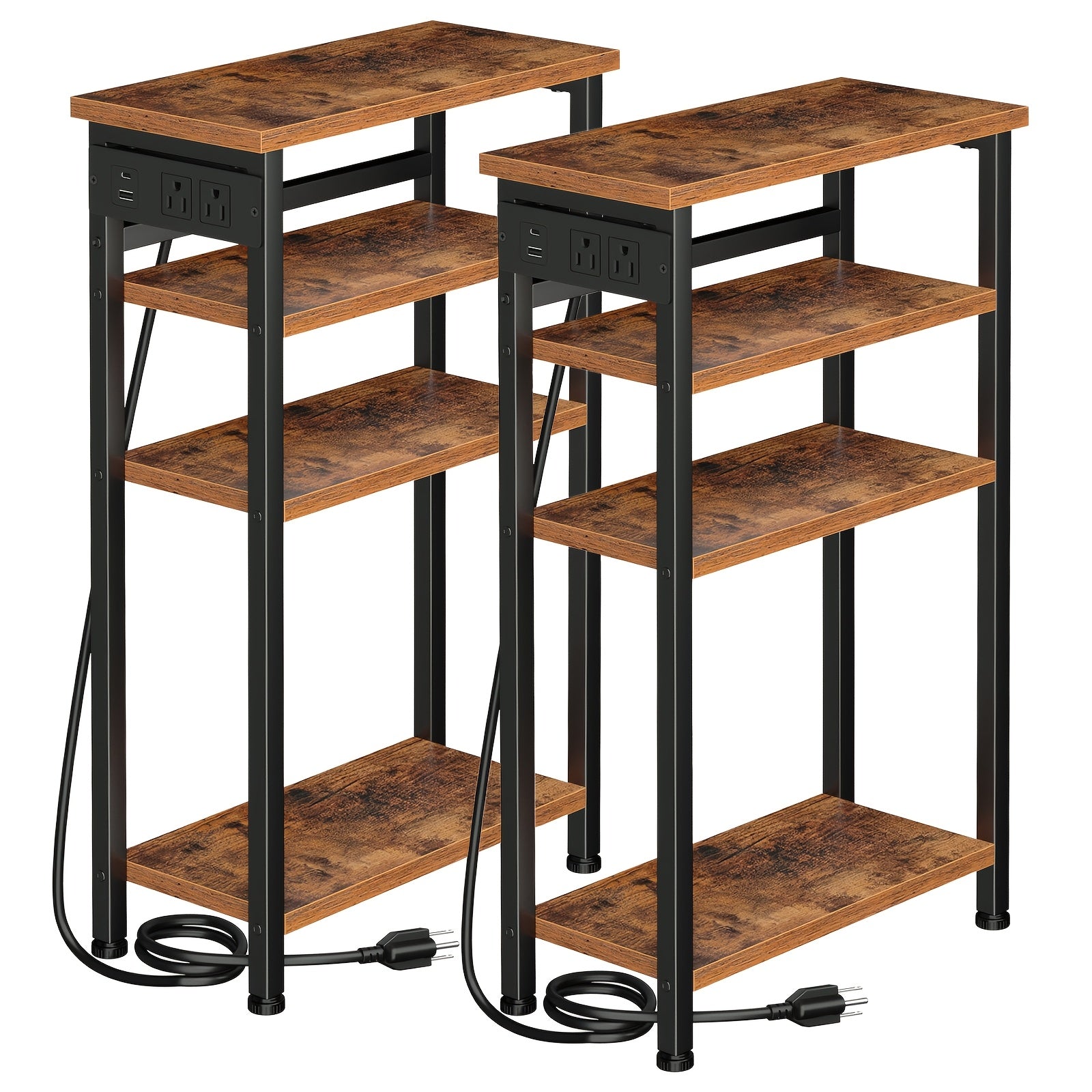 Narrow Side Table with Charging Station – 3 or 4 Tier, 2 USB + 2 Outlets, Small Space