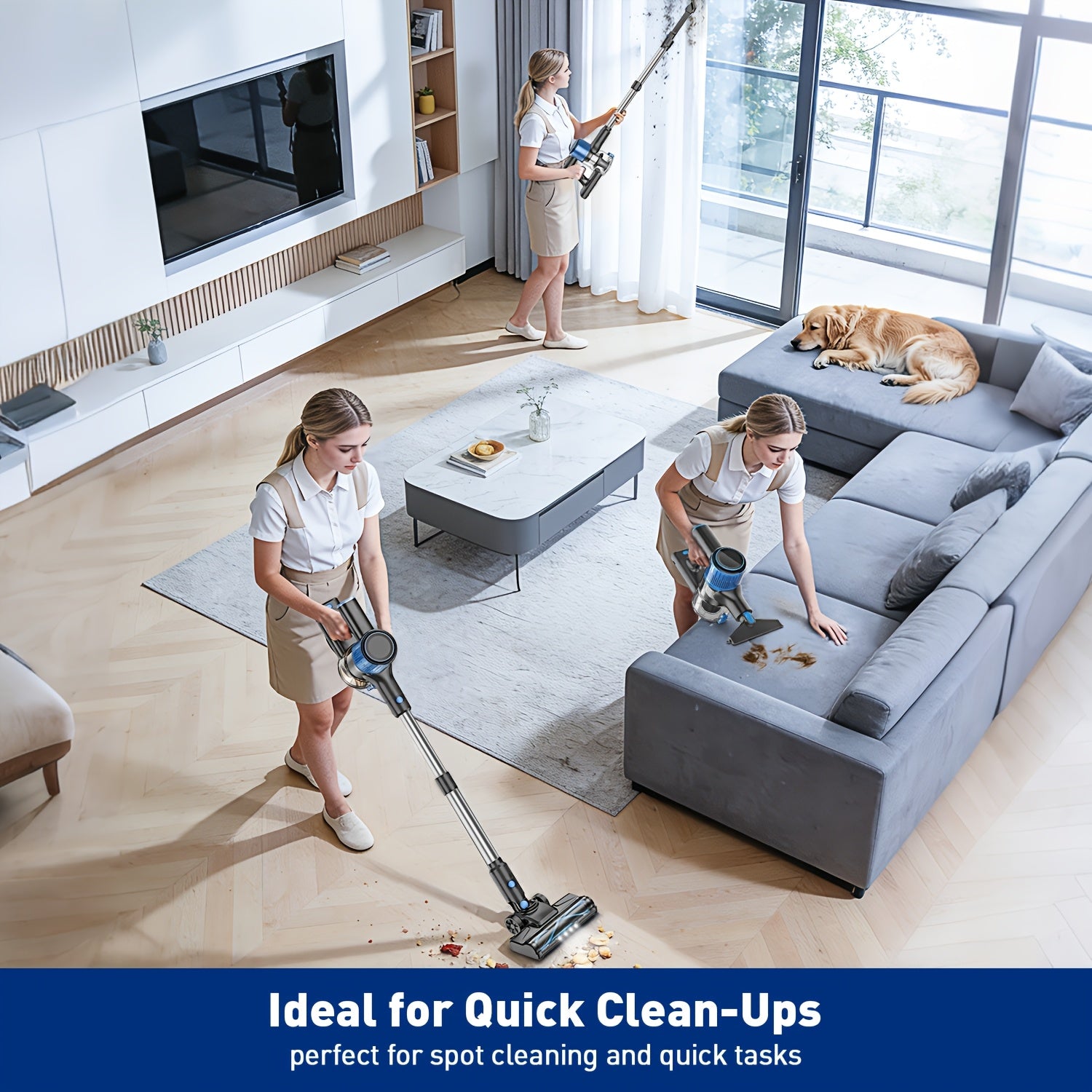 Cordless Vacuum Cleaner, 8-in-1 Lightweight Stick Vacuum with Powerful Suction, 3 Suction Modes, LED Display, Anti-Tangle Vacuum Cleaner for Home, Hard Floor, Carpet, Pet Hair, Blue