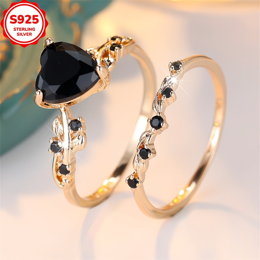 A Set of Two Rings Made of S925 Silver, Featuring a Vintage Heart Design with Black Synthetic Zirconia And Rose Golden Plating, Perfect for Everyday Use During Romantic Holiday Celebrations, Offering a Shiny And Long-Lasting Accessory