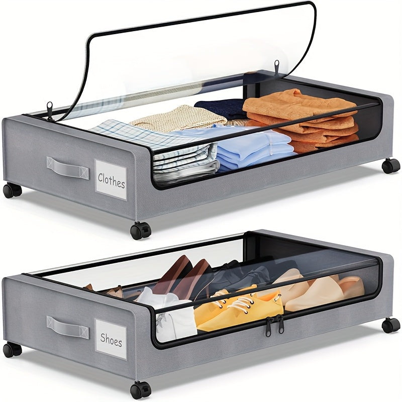Rolling Under-Bed Storage Cabinet on Wheels with Transparent Window & Label, Metal Under-Bed Drawer Container for Clothes Shoes Organization, 1-Pack 2-Pack Gray Black