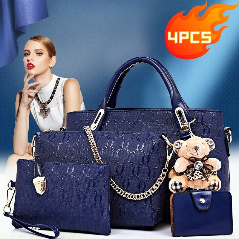4pcs Retro Fashion Embossed Women'S Bag, Simple Large Capacity Tote Bag, Casual Versatile Single Shoulder Crossbody Bag, A Random Bear Pendant, Portable Handbag, Suitable For Daily Commuting, Travel For Best Birthday Gifts