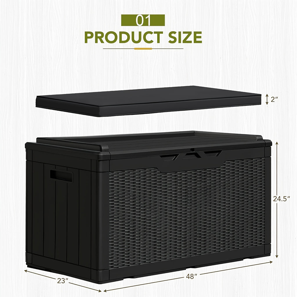 GUNJI 100 Gallon Deck Box with Cushion, Outdoor Resin Large Storage Box Lockable Waterproof & UV Resistant Outdoor Storage Bench for Patio Furniture, Garden Tools, Pool Supplies, Box,Cabinet,Rack for Outdoor Storage