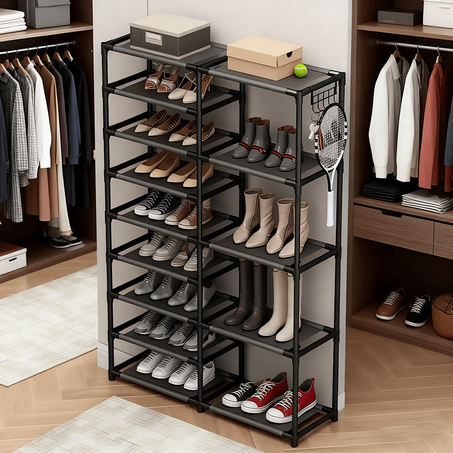 9-layer shoe rack, large capacity independent shoe rack, suitable for garages, bedrooms, and entrances, heavy-duty vertical shoe rack with two rows of multifunctional hooks, black shoe rack, can store 24-35 pairs of shoes