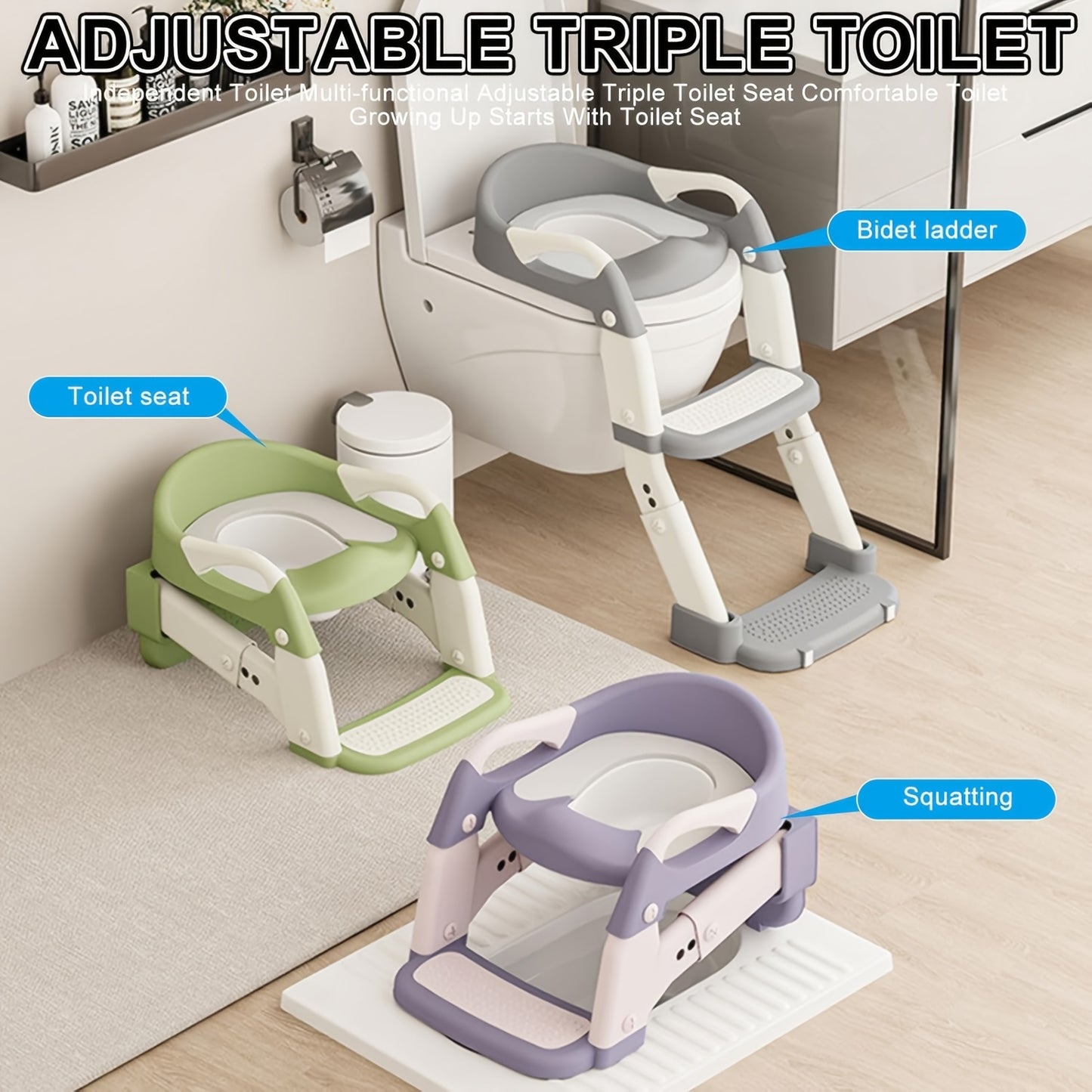 3-in-1 Folding Kids Toilet Ladder Stool with Anti-Slip Footstool – Adjustable Height Portable Potty Training Step Stool for Toddlers & Children, Space-Saving Bathroom Furniture