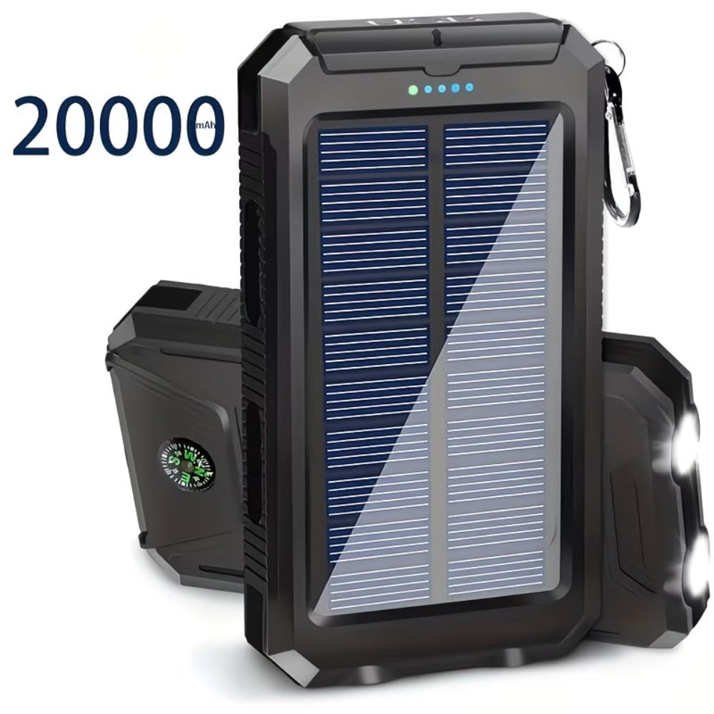20000mAh Solar Power Bank Portable Solar Charger with Dual USB Ports, Built-in LED Flashlight & Compass – Waterproof Emergency Battery for Camping, Hiking & Outdoor Adventures