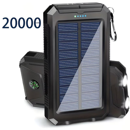 20000mAh Solar Power Bank Portable Solar Charger with Dual USB Ports, Built-in LED Flashlight & Compass – Waterproof Emergency Battery for Camping, Hiking & Outdoor Adventures