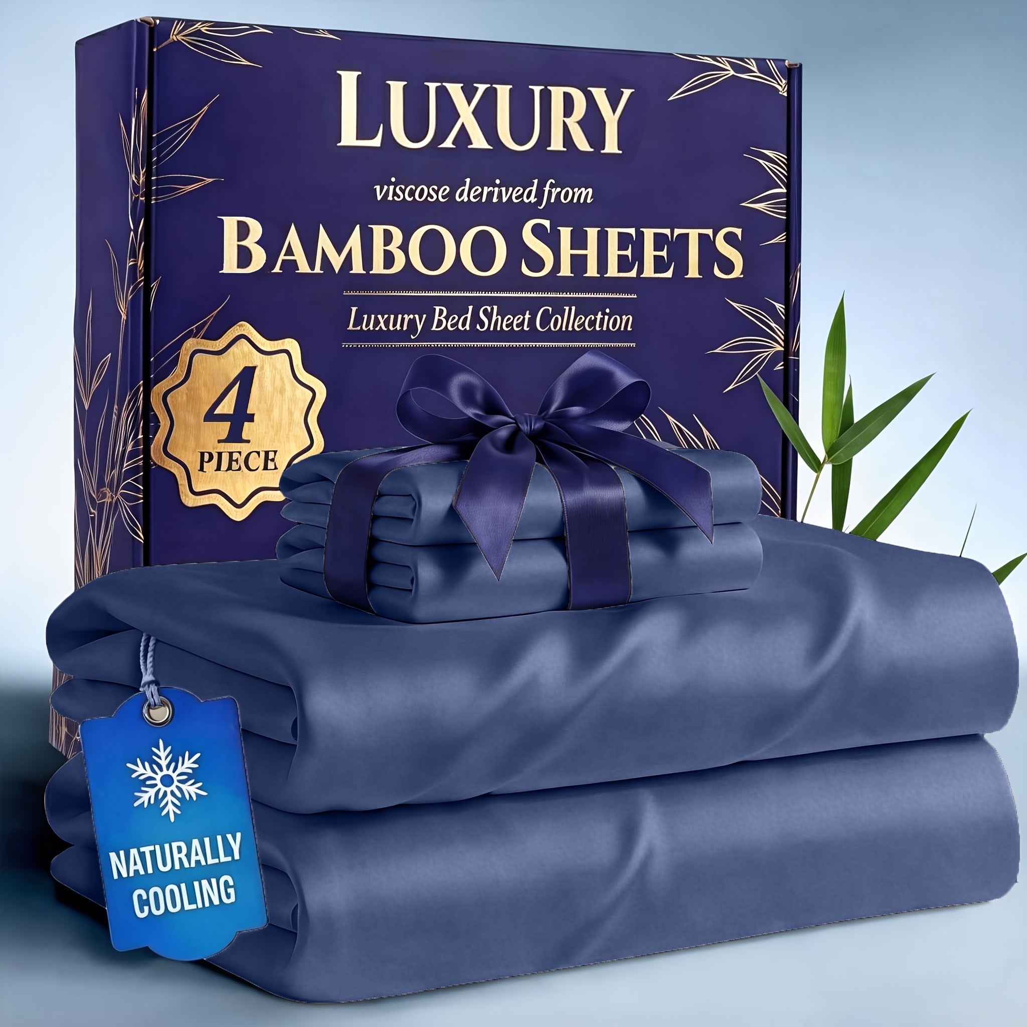 Bamboo Cooling Bed Sheets Set 4-Piece – Soft Lightweight Breathable Deep Pocket 16" Fitted Sheet for Hot Sleepers, Flat Sheet & 2 Pillowcases for Bedroom Kids Room