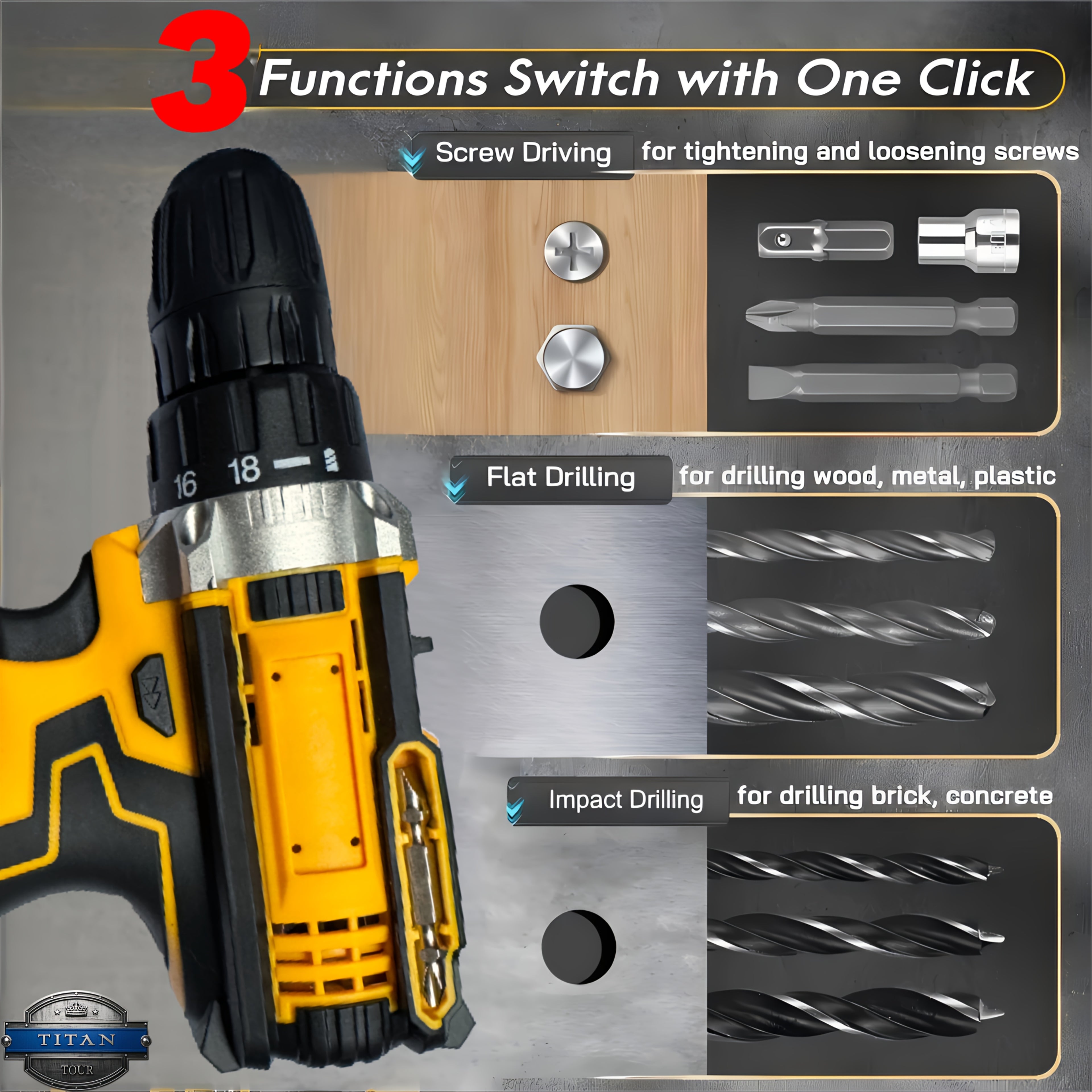 Industrial-Grade 21V Yellow Brushless Drill Set with 2×1200mAh Lithium Batteries + Fast Charging | 18+1 Precision Torque Settings | 10mm Keyless Chuck | 24pcs Chrome Vanadium Steel Drill Bit Set | Heavy-Duty Metal Drilling | Workshop Power Tool Set