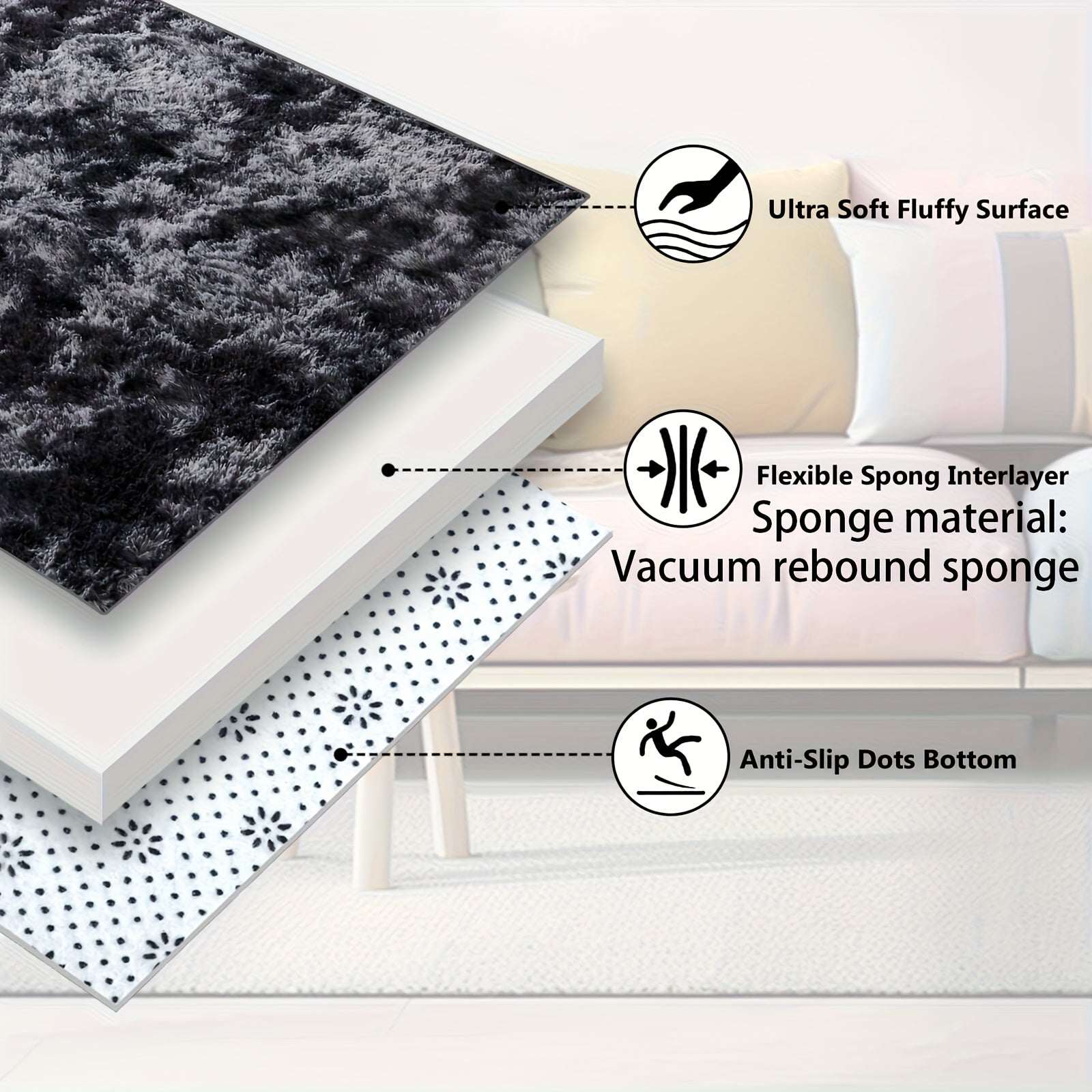 Fluffy Soft Area Rug – Luxury Non-Slip Indoor Carpet for Living Room, Bedroom & Home Decoration, Ultra-Plush Floor Rug, 7 Colours & 5 Sizes, Tie-Dye Black White Navy Blue Grey