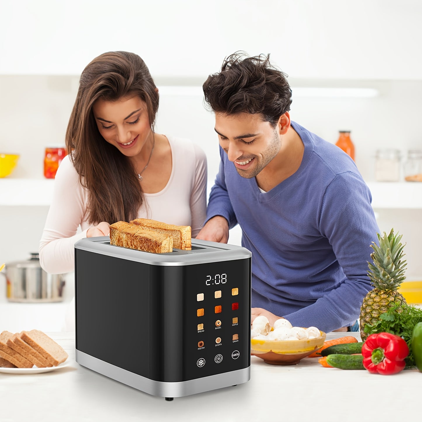 Smart Toaster 2 Slice Touchscreen with LCD Display – 6 Toasting Levels, 6 Shade Settings, Bagel Defrost Cancel, Stainless Steel Digital Timer, 750W–1000W Countertop Toaster for Canadian Kitchens, Black