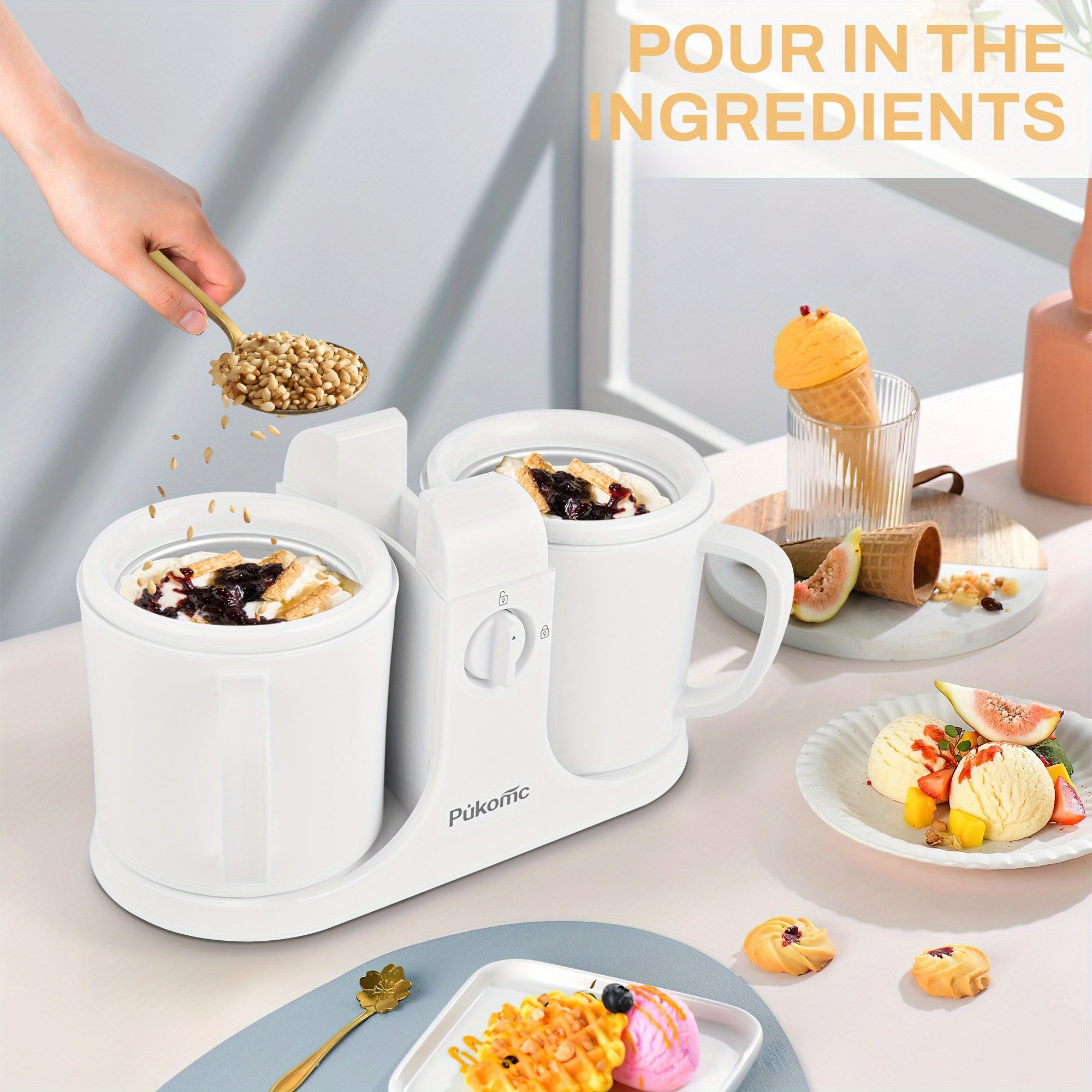Homemade Delicious Ice Cream, Frozen Yogurt, And Fruit Smoothies, Easy to Make. 33.81oz Dual-cup Design, Detachable for Convenient Operation And Easy Cleaning, The Perfect Christmas Gift Choice!