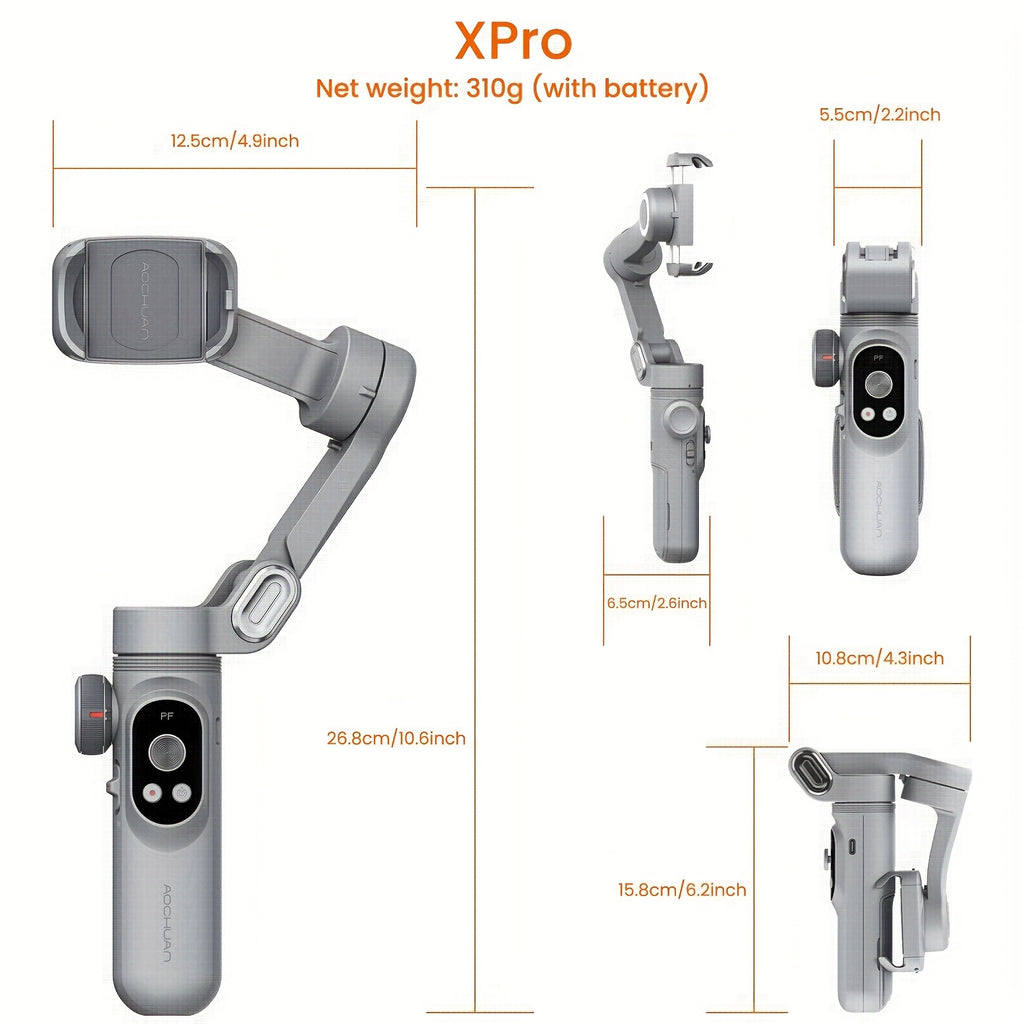 AOCHUAN Smart Xpro Phone Gimbal Tripod Intelligent Shooting Outdoor Sports Vlog Stabilizer 3-Axis Anti-Shake Stabilizer with Built-In 3-Level Fill Light And Reversible Wireless Charging, App Support, Black Gray Foldable Portable