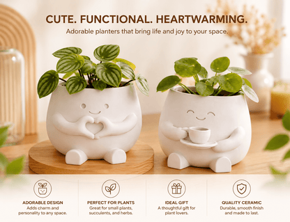 Cute Smiley Face Planter Set of 2 – Succulent Flower Pot & Pen Holder, Lightweight Desktop Decor for Home Office Bedroom, Unique Housewarming Birthday Gift for Women | ShopVora CA