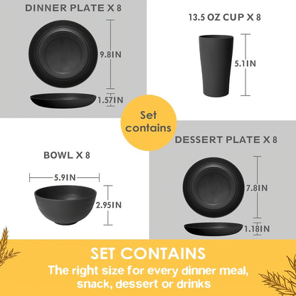 Wheat Straw Dinnerware Set 16/32pcs – Eco-Friendly Plates, Dessert Plates, Cereal Bowls & Cups for 4/8 People, Durable Shatterproof Outdoor Camping Tableware for Family Gatherings, Parties & Everyday Use, Multiple Colours