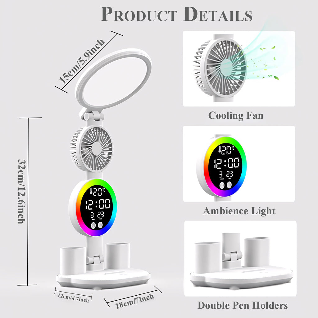 LED Desk Lamp for Study with LED Light, Built-in Fan, Time & Date Display, Temperature Display, Pen Holder Organizer, Touch Control, USB Powered (none rechargable) Multifunction Reading Lamp, Adjustable Brightness Eye-Care Table Lamp