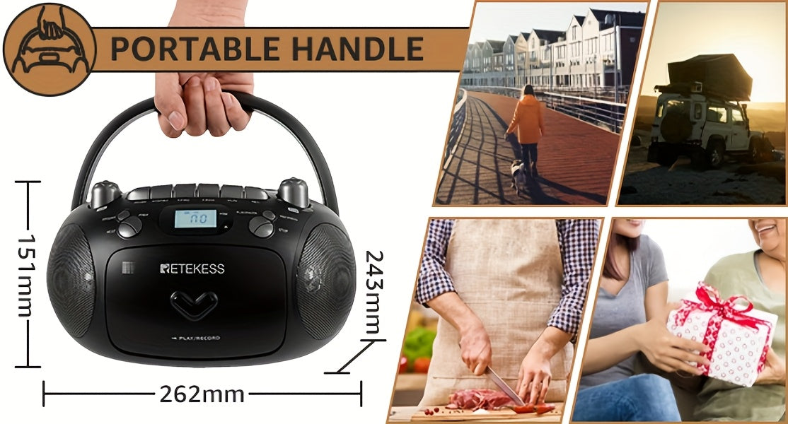 Retekess TR630 CD & Cassette Player Combo, Portable Boombox, AM/FM Radio, Supports Stereo Sound, USB, Micro SD, CD Player for Home, with Recording, MP3 Playback, Tape Recording, TF/USB Drive, Headphone Jack, Stereo Sound, Bass Boost Function