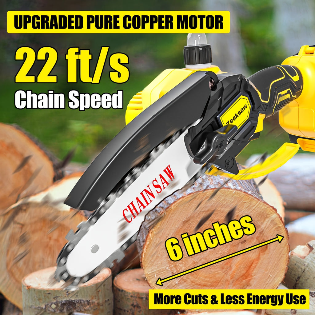 Zeeksaw Mini Chainsaw Cordless 6-Inch with 2 Large Capacity Batteries, Gift for Men & Switch Security Lock-Cordless Power Chain Saws, Handheld Small Chainsaw for Cutting Wood Trimming And Woodworking