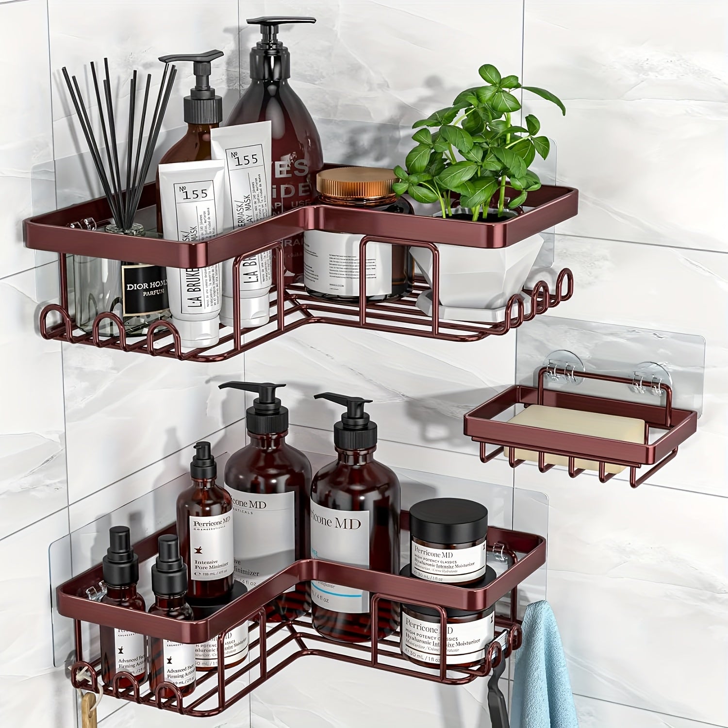 Drill-Free Corner Shower Caddy 3-Pack with 12 Hooks – Adhesive Bathroom Corner Shelf Organizer, Rust-Proof Shower Storage Rack for Shampoo Soap Razor