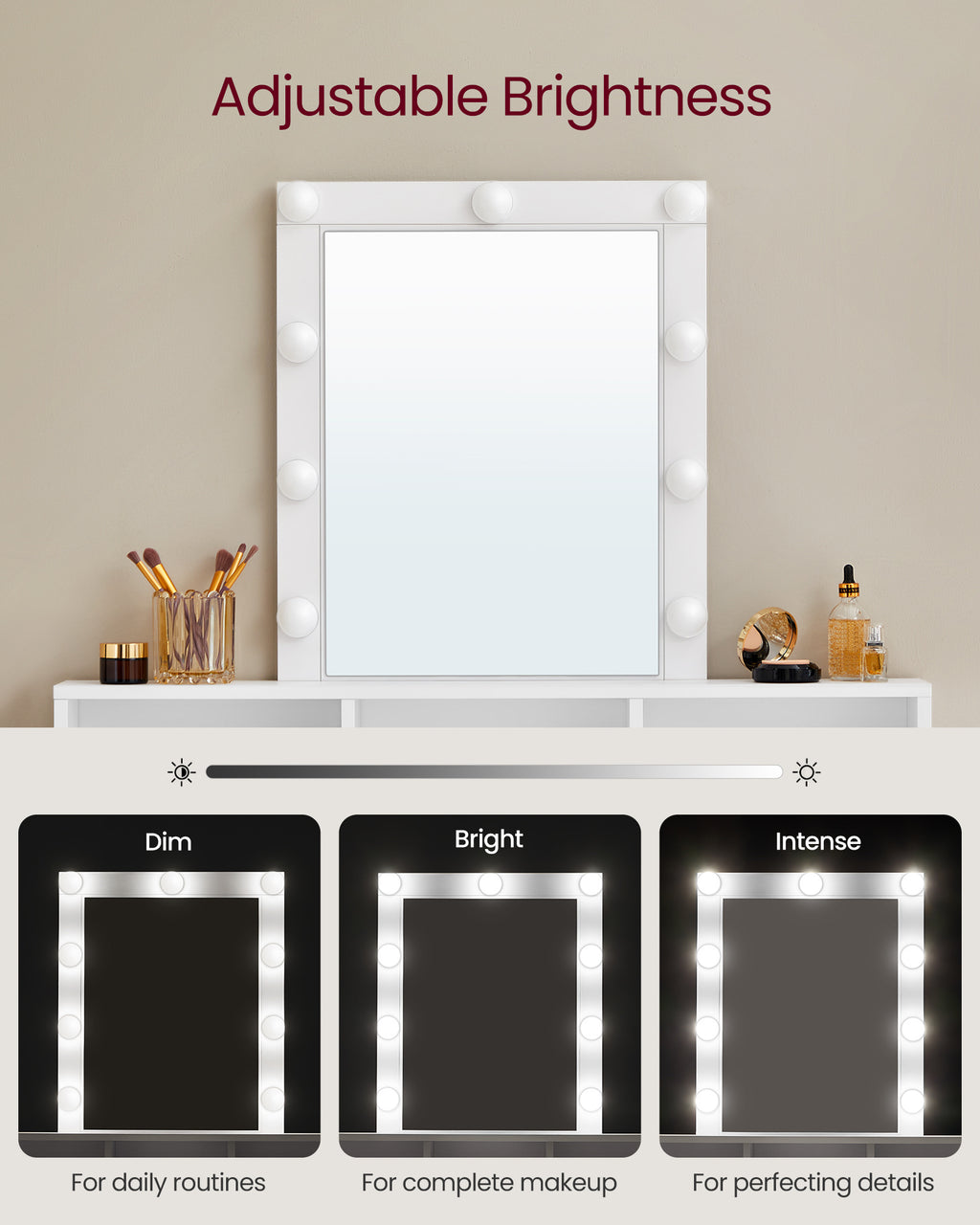 Vanity Desk with Mirror, Makeup Vanity Table with Lights, Adjustable Brightness, 31.5-Inch Wide Makeup Desk with 2 Drawers, 3 Storage Compartments, for Bedroom, Modern, White
