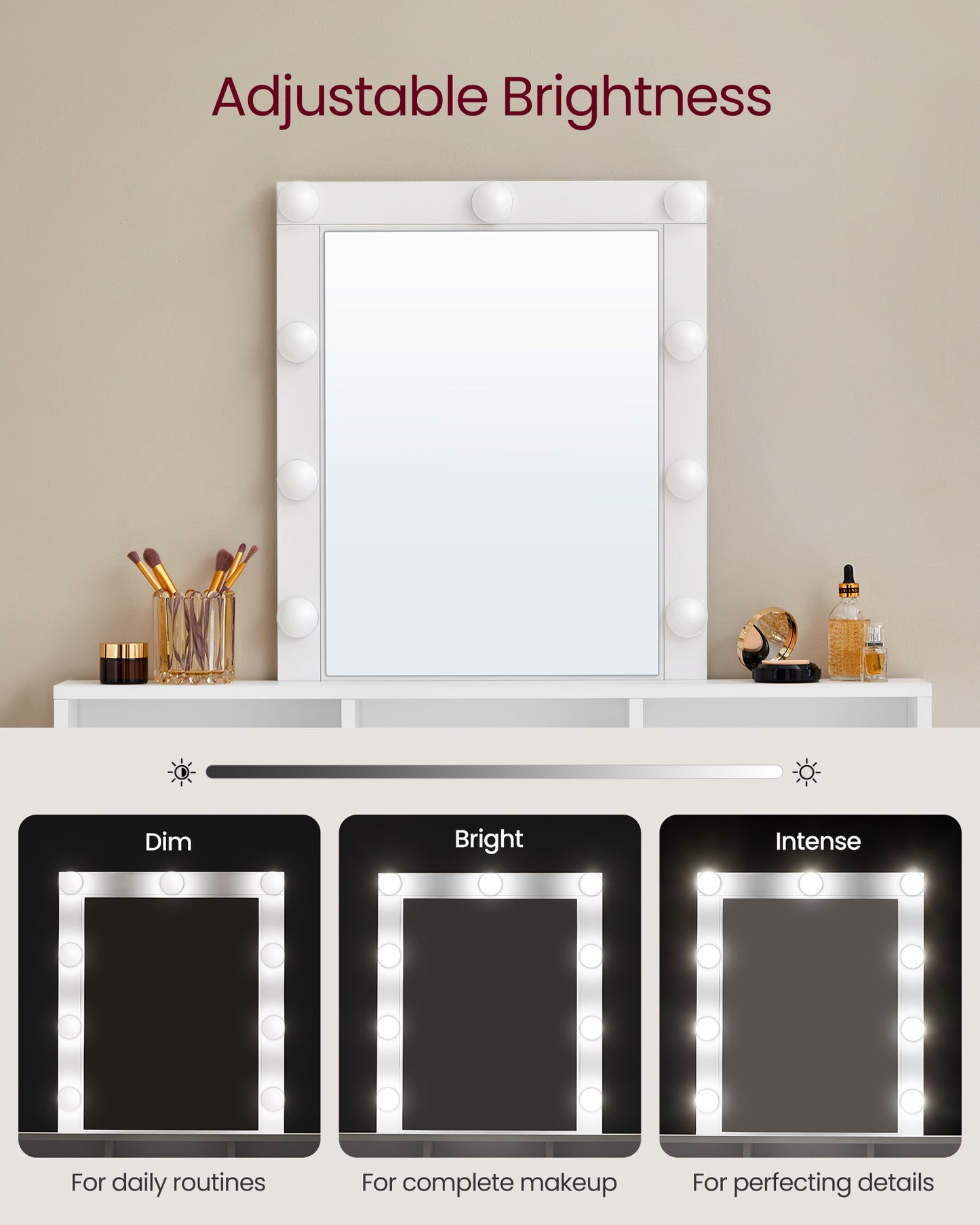 Lighted Vanity Desk with Mirror 31.5" Wide – Makeup Table with 9 Adjustable Brightness Bulbs, 2 Drawers & 3 Storage Compartments, Anti-Tip Kit, Modern White Dressing Table for Bedroom