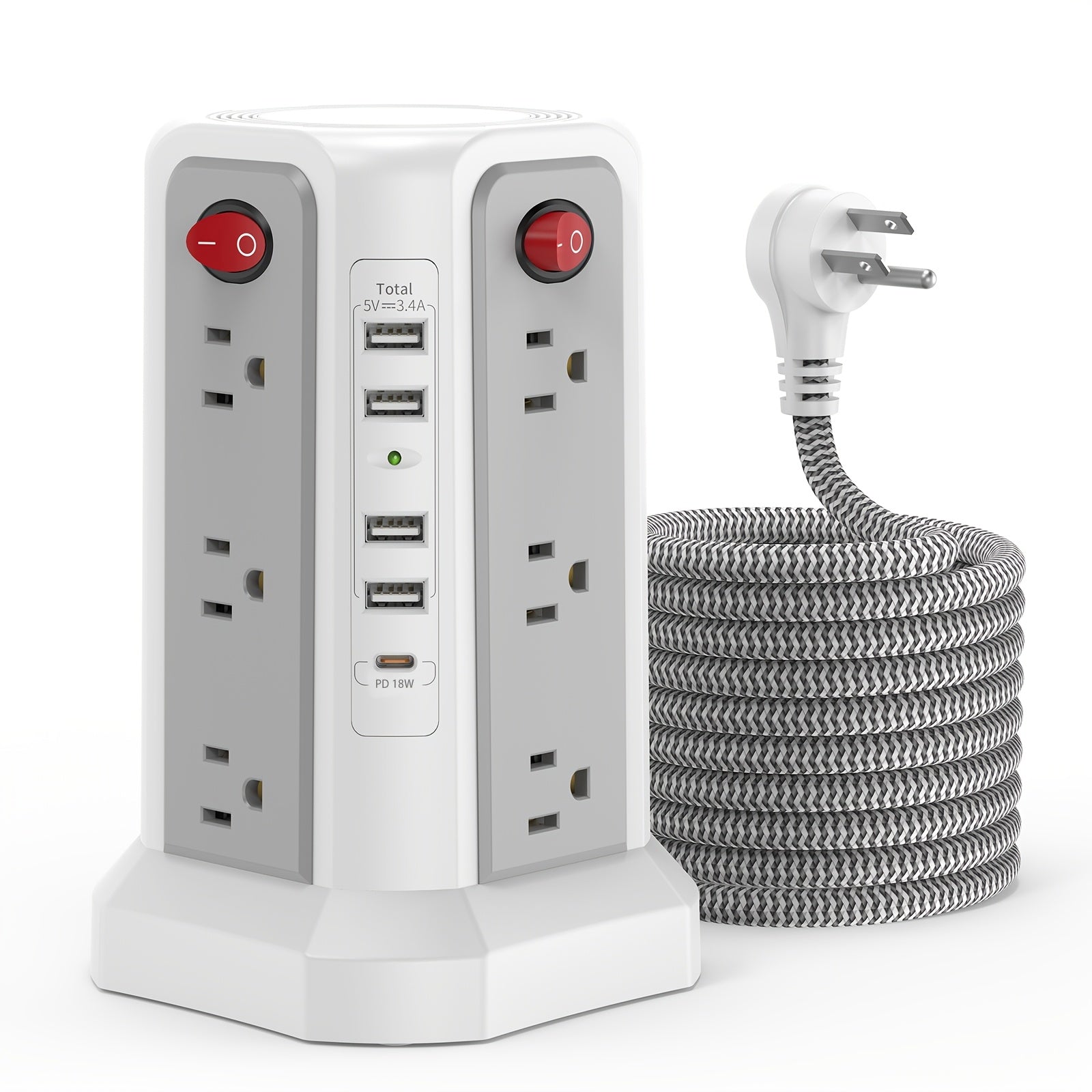 Tower Surge Protector Power Strip 17-in-1 – 8.8FT Extension Cord, 12 AC Outlets, 5 USB Ports with PD 18W USB-C, Surge Protection for Home Office Dorm & Business, Grey