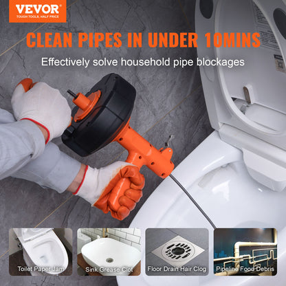 VEVOR 25ft Drain Auger Plumbing Snake – 1/4" Heavy Duty Drum Cable Clog Remover with Drill Adapter, Autofeed Control & Gloves | Clears Kitchen, Bathroom, Shower & Sink Drains | ShopVora CA