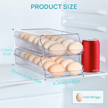 Egg Holder for Fridge Stackable 14-Count Automatic Rolling Egg Container – Plastic Refrigerator Egg Organizer with Removable Inner Tray, Fridge Storage, 1 or 2 Pack