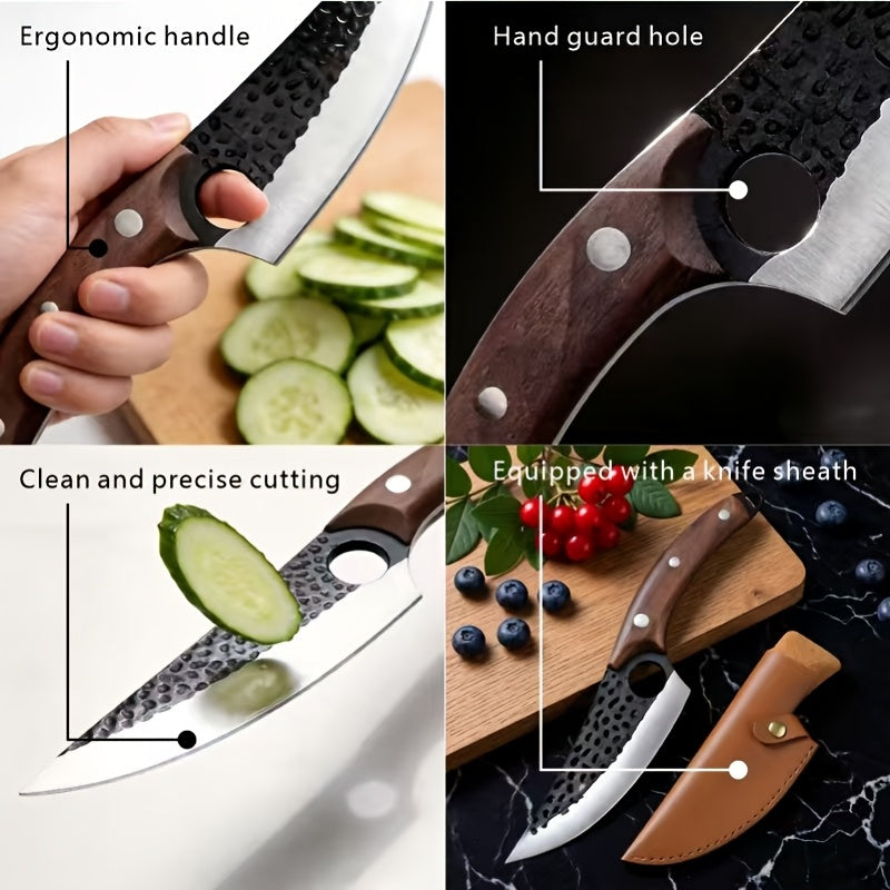 Hand-Forged Chef Knife with Hammered Pattern Blade, Full-Tang Curved Riveted Handle with Leather Sheath & Gift Box, Professional Kitchen Knife for Meat Fish Vegetables, Outdoor Camping BBQ