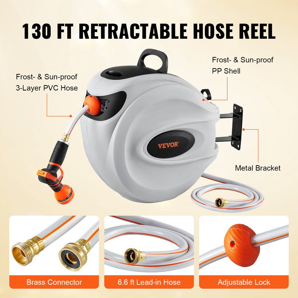 VEVOR Retractable Hose Reel Water Hose Reel 65'x5/8" / 84'x5/8" / 100'x1/2" / 115'x1/2" / 130'x1/2" 180° Swivel Wall-Mounted