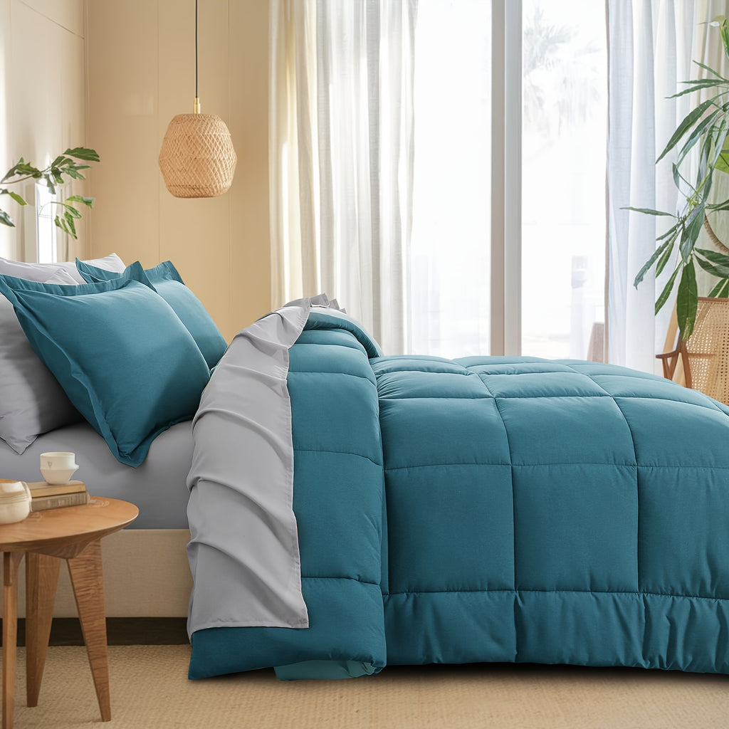 7pcs Luxurious Reversible Bedding, Soft Microfiber, Lightweight, Breathable, Easy to Care for - Includes Comforter, Flat Sheet, Fitted Sheet, And Pillowcases, Perfect As Gifts for The Family, Suitable for All Seasons