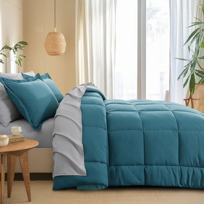 7pcs Reversible Bedding Set Soft Microfiber – Lightweight Breathable Comforter Flat Sheet Fitted Sheet & Pillowcases, All-Season Family Bedding Gift Set