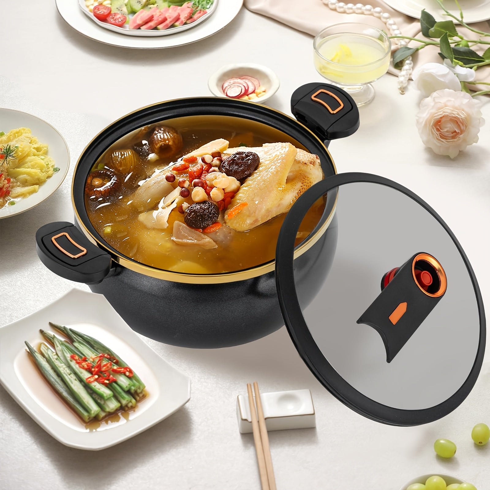 7-Liter Multi-Function Double-Handle Pot: 25, 1.57inch (Large Capacity), Thickened Iron Structure, Glass Lid with Golden Trim. Perfect for Soups, Stews, Etc., Available in Black, Light Blue, Orange. Multi-Functional, Stylish And Durable Kitchen Cookware