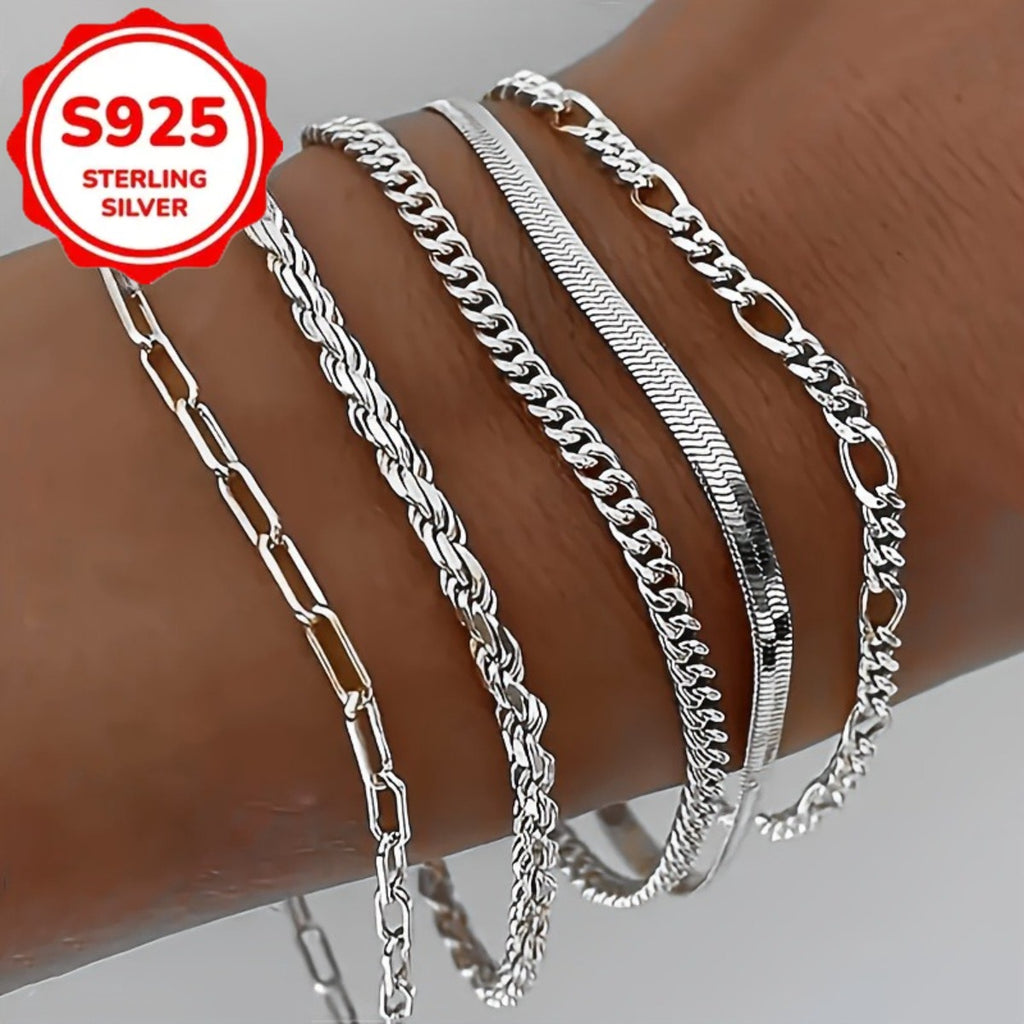 5pcs S925 Pure Silvery Figaro Chain Bracelet - Perfect Gift for Men and Women, Classic Hip Hop Style, Suitable for Daily/ Party Wear, Neutral Accessories, Daily Jewelry, Eternal Design, Fashion Accessories, Exquisite Craftsmanship, Durable Jewelry