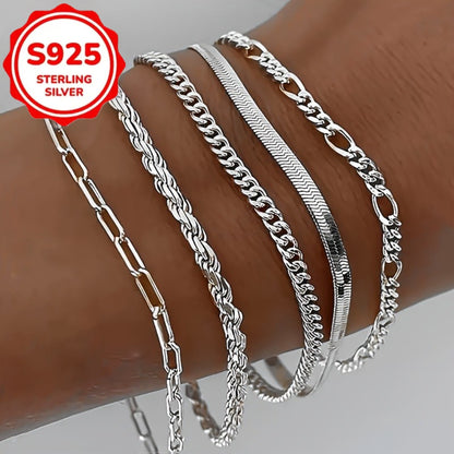 S925 Sterling Silver Figaro Chain Bracelet Set of 5 – Classic Hip Hop Unisex Bracelet for Men & Women, Daily Wear, Party & Gifts | ShopVora CA