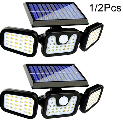 Solar Outdoor Triple-Head Motion Sensor Wall Light – 74 LED 270° Wide-Angle IP65 Waterproof Solar Fence Light for Garden, Courtyard, Garage, Porch & Street, 3 Modes