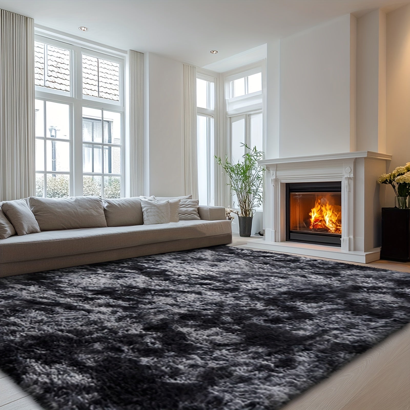 Fluffy Soft Area Rug – Luxury Non-Slip Indoor Carpet for Living Room, Bedroom & Home Decoration, Ultra-Plush Floor Rug, 7 Colours & 5 Sizes, Tie-Dye Black White Navy Blue Grey