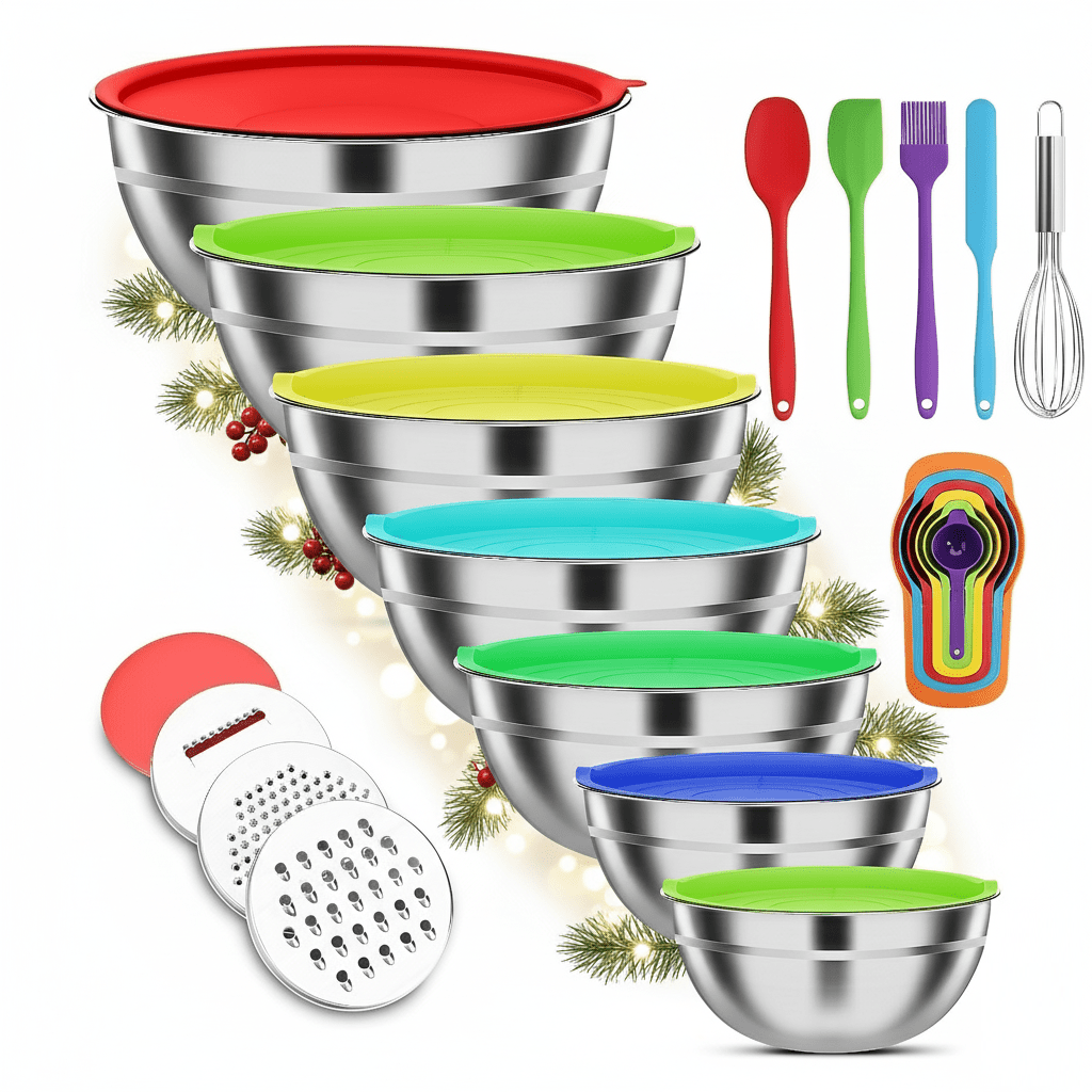 Stainless Steel Mixing Bowl Set 7-Piece with Lids & Accessories – 304 Steel Nesting Bowls 0.7–4.5QT, Grater Whisk Spatula Measuring Spoons, Dishwasher Freezer Safe Kitchen Cooking Set | ShopVora CA