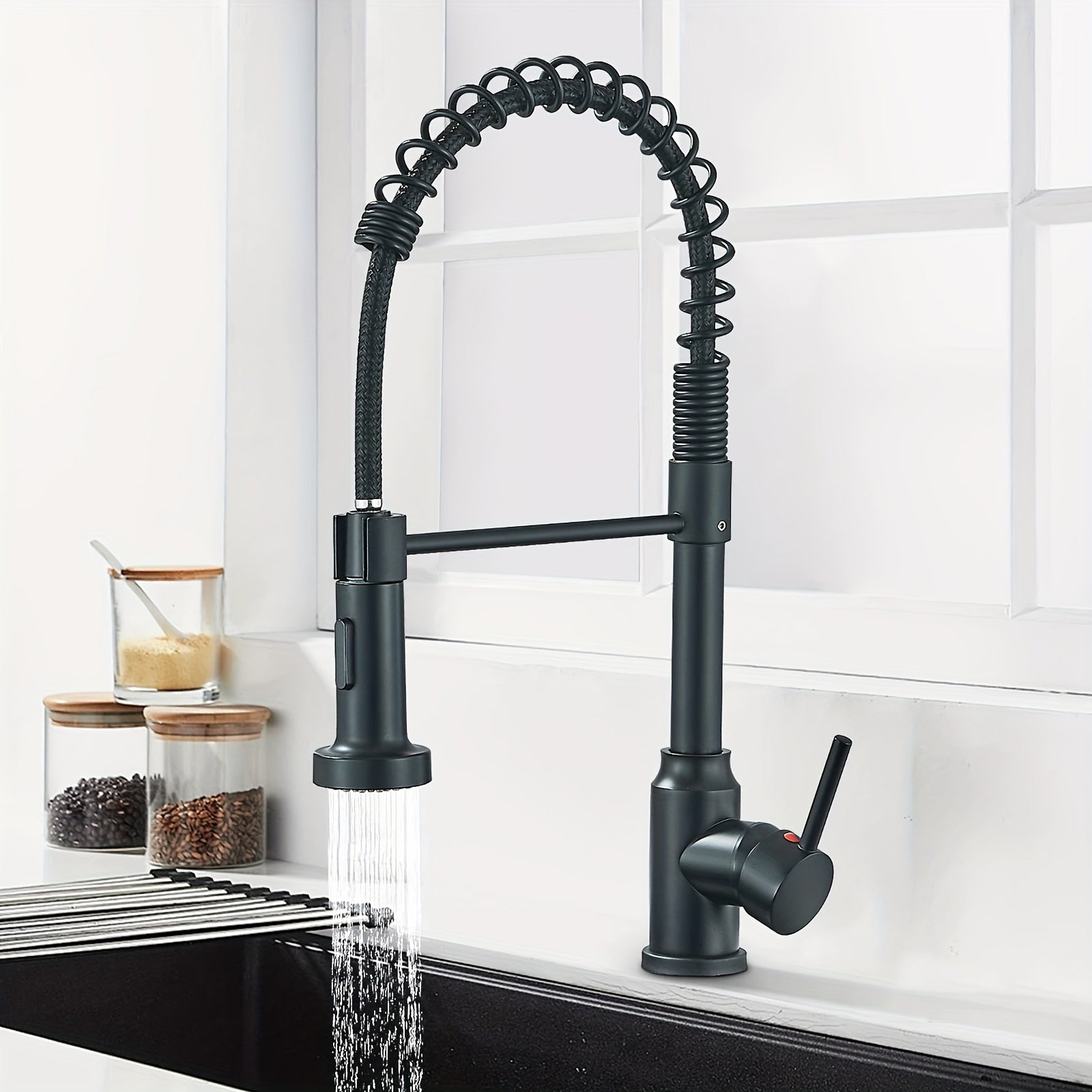 Kitchen Faucet with Pull-Down Sprayer – Single Handle Single Hole High Arc Spring, 360° Swivel Splash-Proof Nozzle, Commercial Monobloc Sink Mixer Tap, Matte Black & Brushed Nickel, Canada