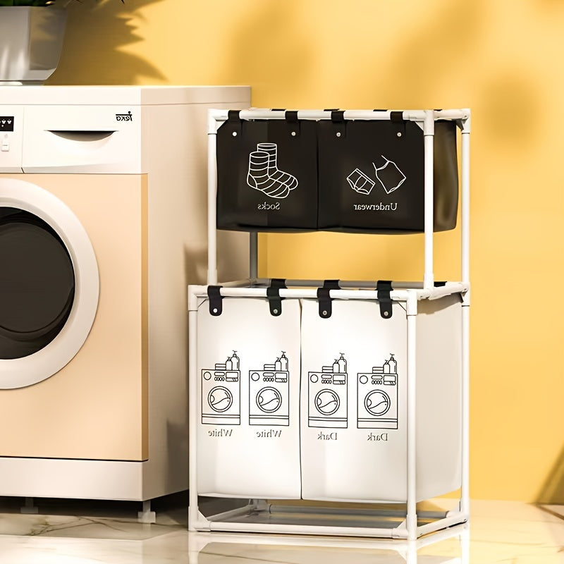 2-Tier Laundry Sorting Basket, Large Size with 4 Removable Bags, Small Size with 2 Removable Bags, for Organizing Clothes, Laundry Room, Bedroom - White, Shelves