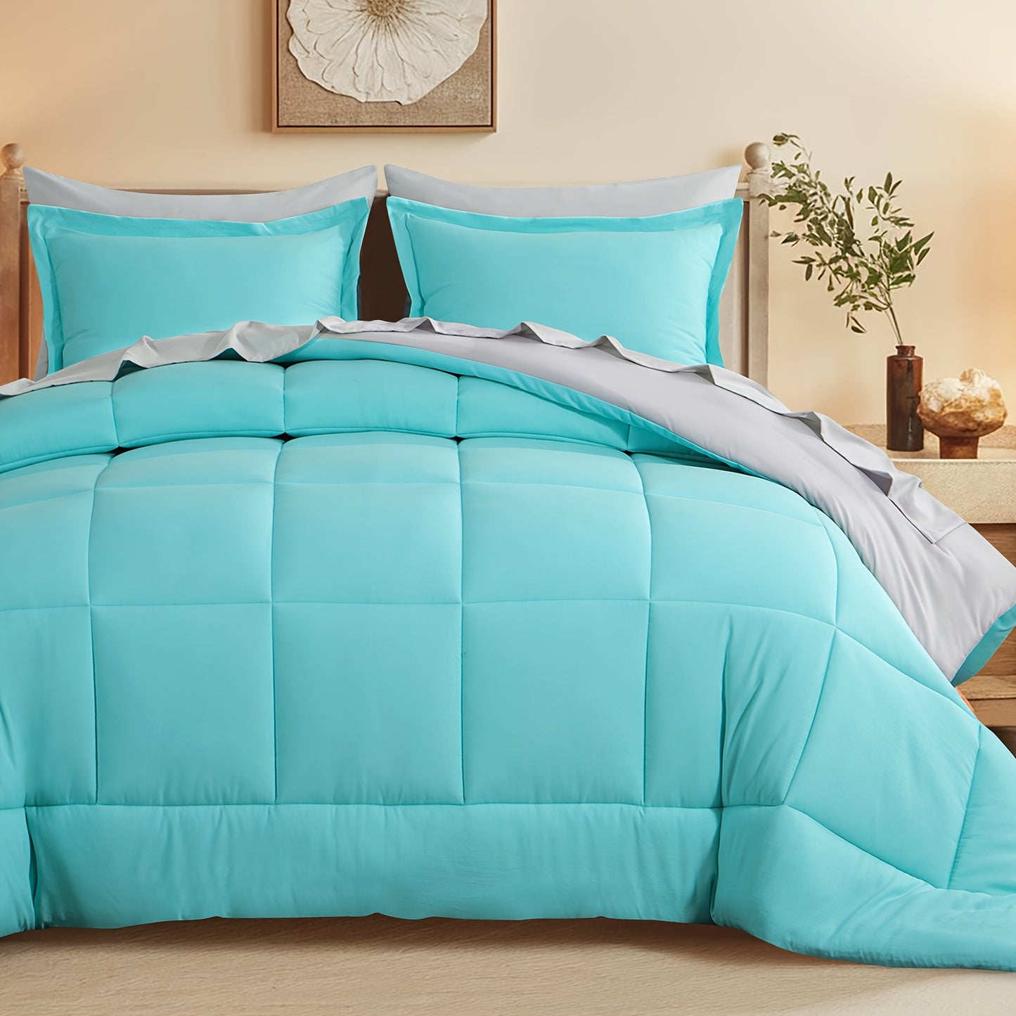 7pcs Reversible Bedding Set Soft Microfiber – Lightweight Breathable Comforter Flat Sheet Fitted Sheet & Pillowcases, All-Season Family Bedding Gift Set