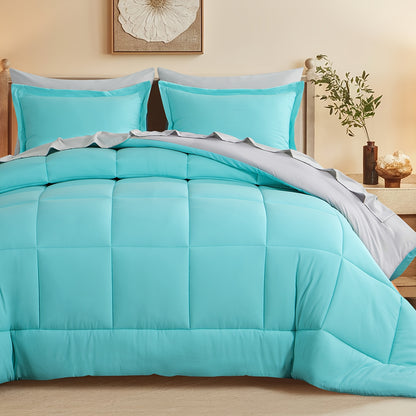 7pcs Reversible Bedding Set Soft Microfiber – Lightweight Breathable Comforter Flat Sheet Fitted Sheet & Pillowcases, All-Season Family Bedding Gift Set