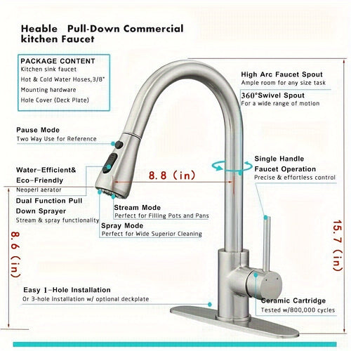 Pull-Down Kitchen Faucet – Single Handle High Arc, Commercial-Grade Stainless Steel, Brushed Nickel Finish, Deck Plate Included, for Kitchen, Bar, Laundry Room & RV
