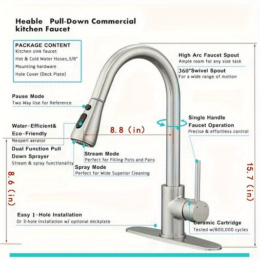 One Kitchen Faucet Featuring a Pull-Down Spray, Single Handle, And High Arc Design Made of Commercial-Grade Stainless Steel with a Brushed Nickel Finish. It Includes a Deck Plate And Is Ideal for Use in Bars, Laundry Rooms, Rvs