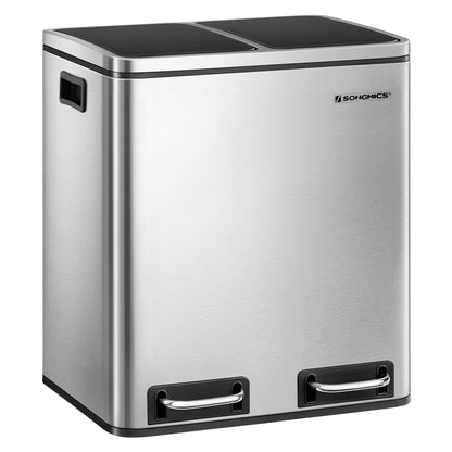 Dual Compartment Stainless Steel Recycling Trash Can – 2 x 4 Gallon (2 x 15L) Kitchen Recycle Bin with Soft-Close Lids, Foot Pedals & Removable Inner Buckets – Fingerprint-Resistant Silver
