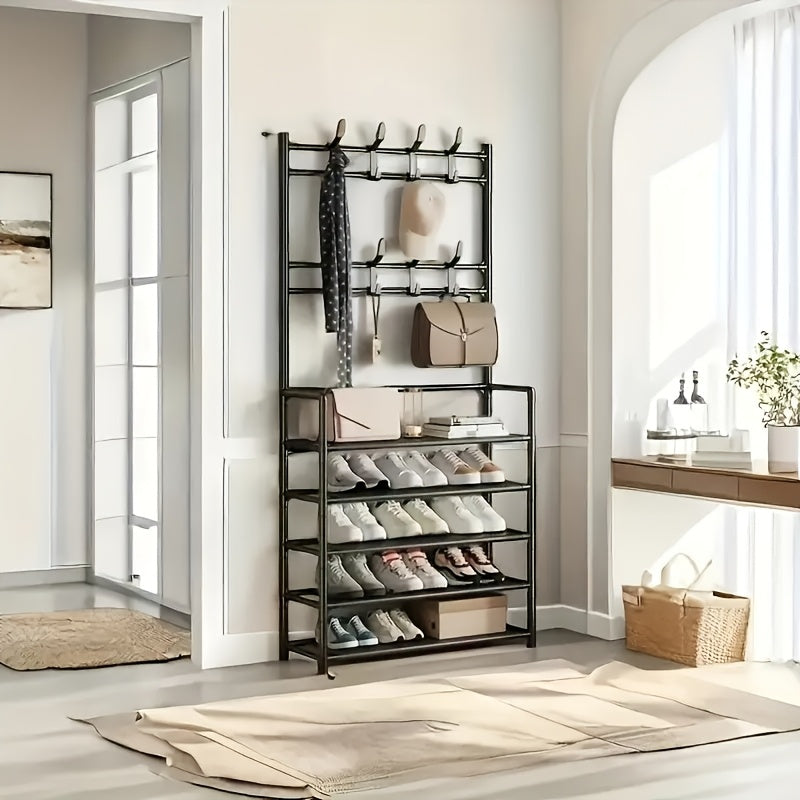 23.62 Inch/172cm 5-Tier Multi-Functional Storage Rack with 8 Double Hooks, Multi-Functional Clothes Hanger and Shoe Rack, Self-Assembly Shoe Rack Storage Box for Living Room, Bathroom, Hallway
