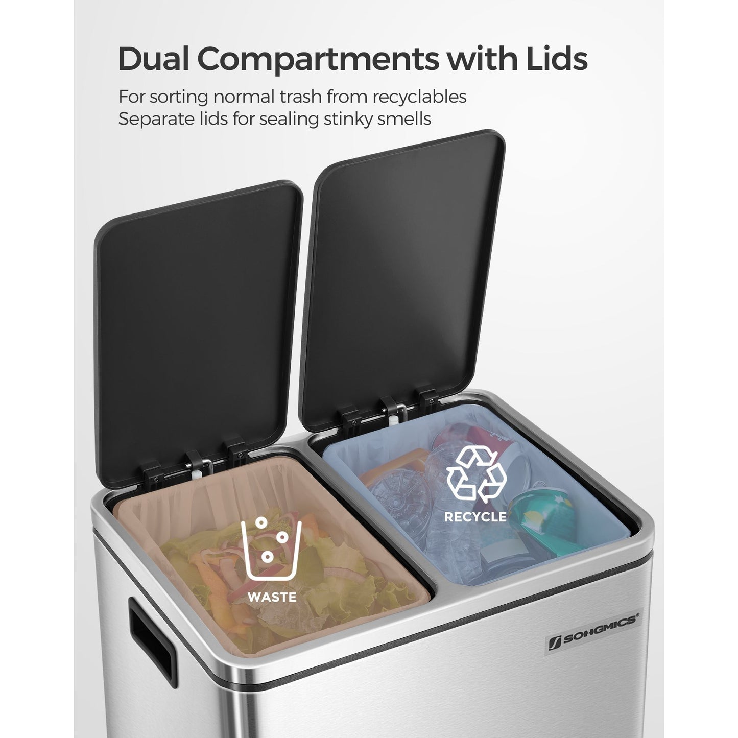 Dual Compartment Stainless Steel Recycling Trash Can – 2 x 4 Gallon (2 x 15L) Kitchen Recycle Bin with Soft-Close Lids, Foot Pedals & Removable Inner Buckets – Fingerprint-Resistant Silver