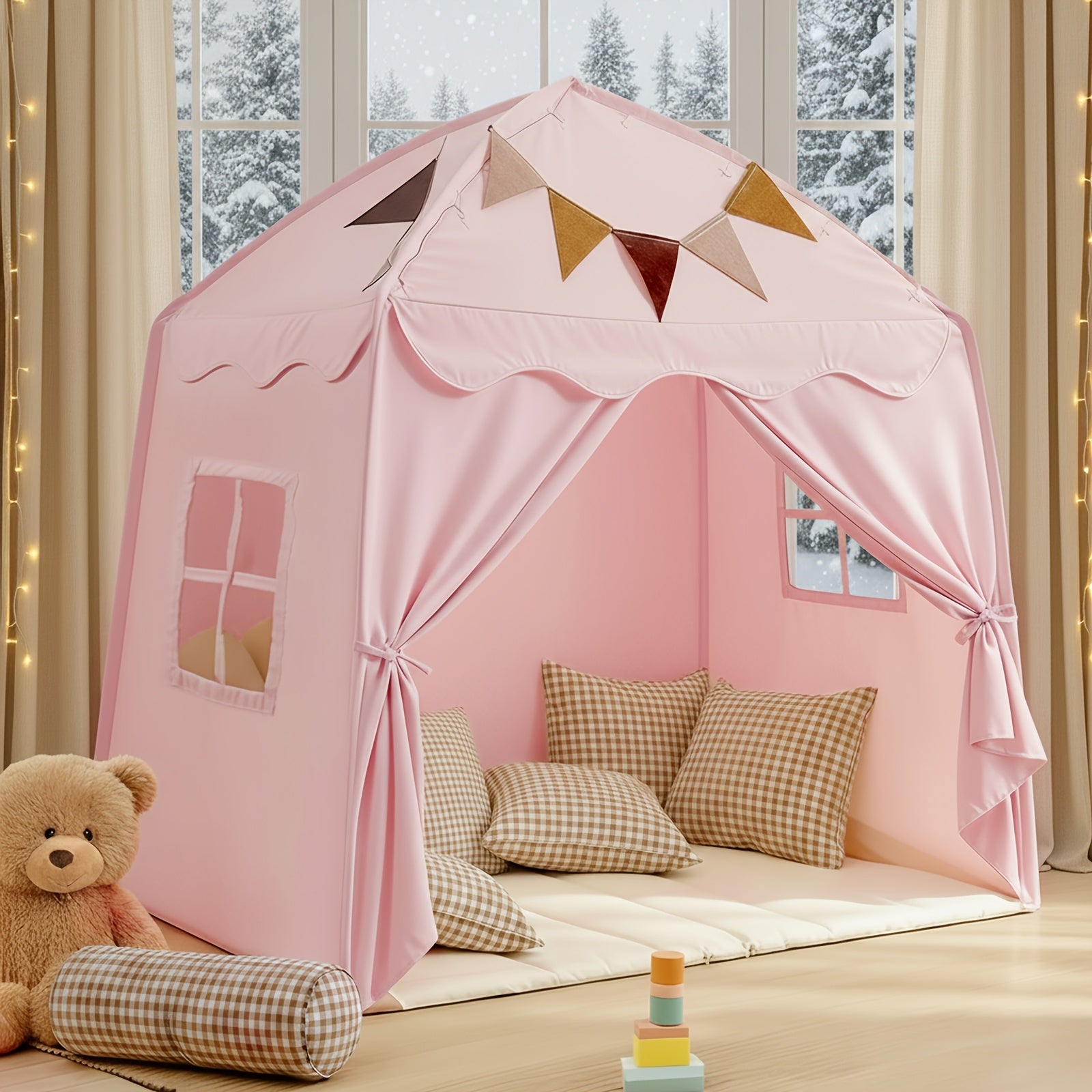 Kids Play Tent with Mat, Star Lights & Tissue Garland – Large 52"x35"x52" Indoor Outdoor Playhouse with Windows for Girls & Boys, Toddler Tent, Washable, Complete Imaginative Play Set