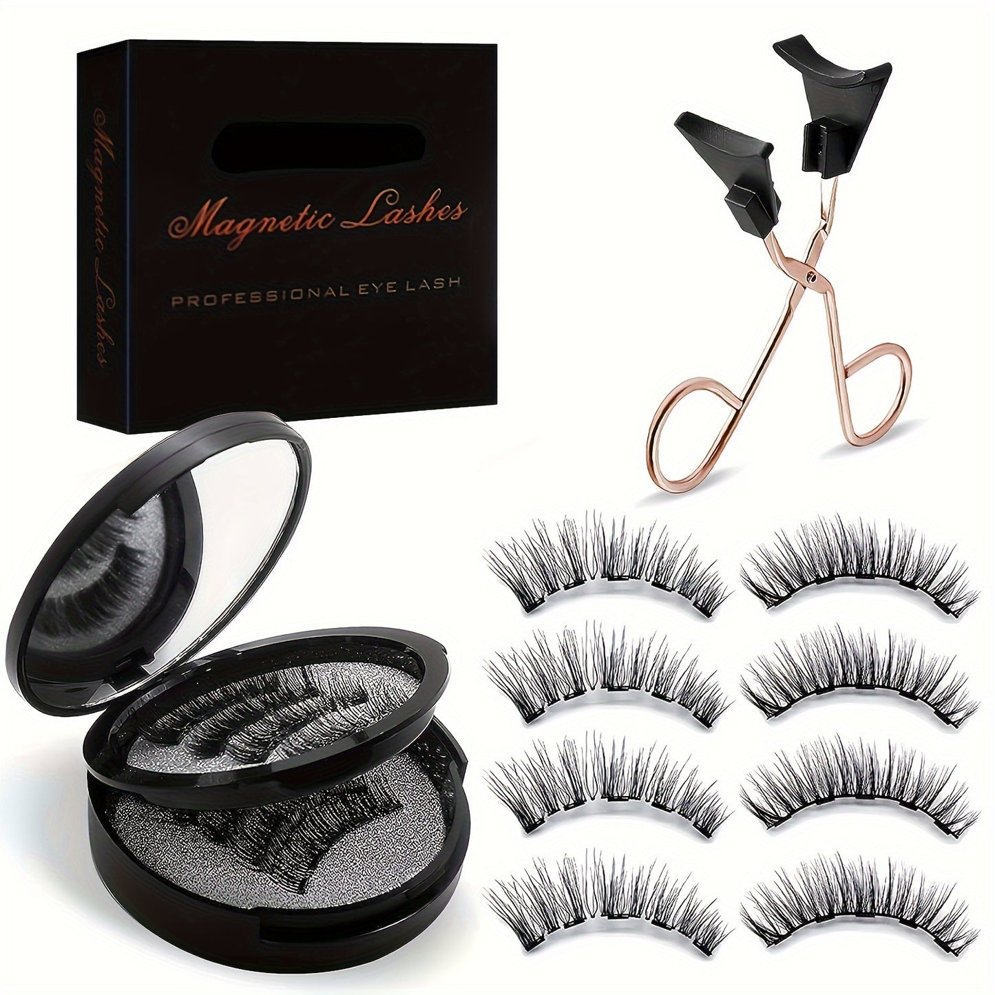 Magnetic Eyelashes Set Glue-Free – 4/8 Pairs Cat Eye False Lashes with Applicator, Reusable & Waterproof, Black & Pink | Daily Wear, Parties & Valentine's Day Gift