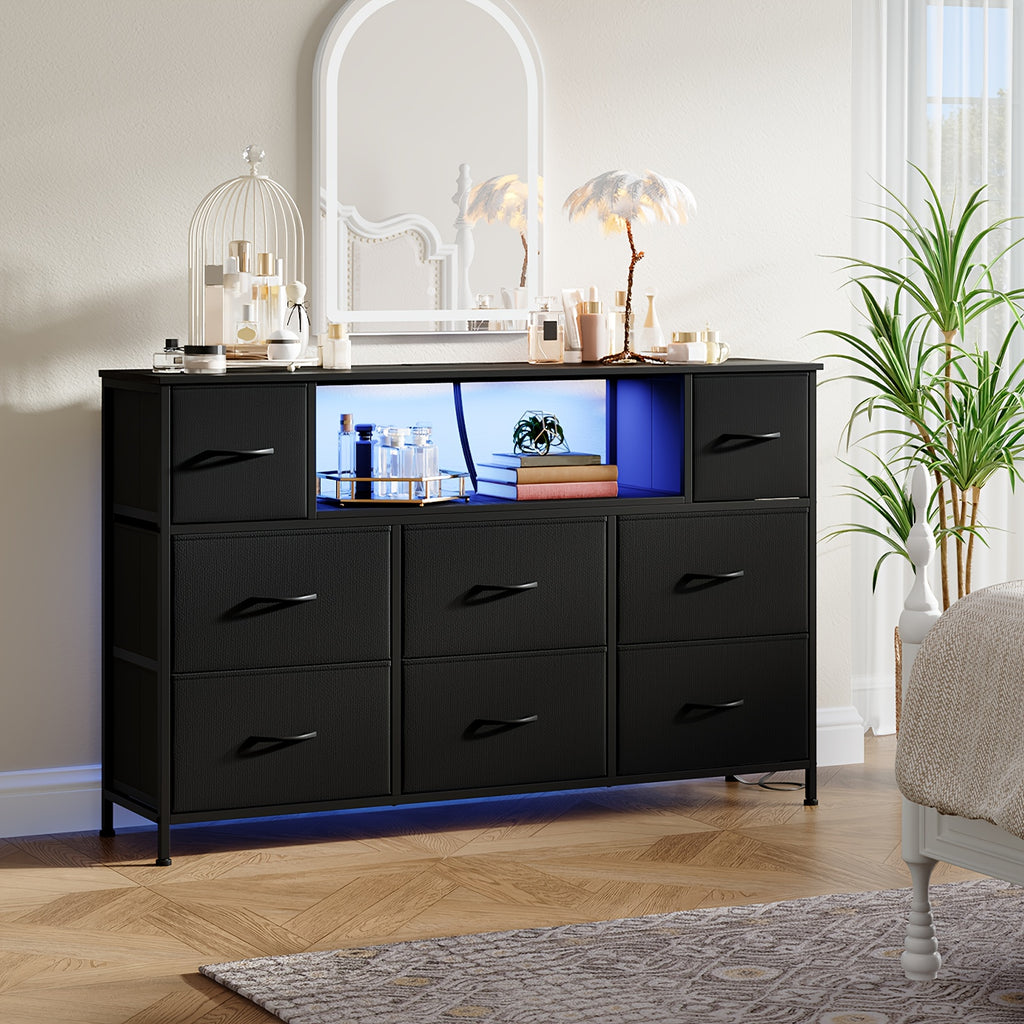 EUNOS 8 Drawer Dresser with Power Outlet LED Lights Fabric Chest of Drawers Metal Frame Wood Top TV Stand for 55 Inch TV Bedroom Living Room Storage Black Wood Grain White Canada
